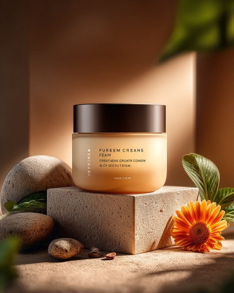 Product photo of a face cream jar on a stone block